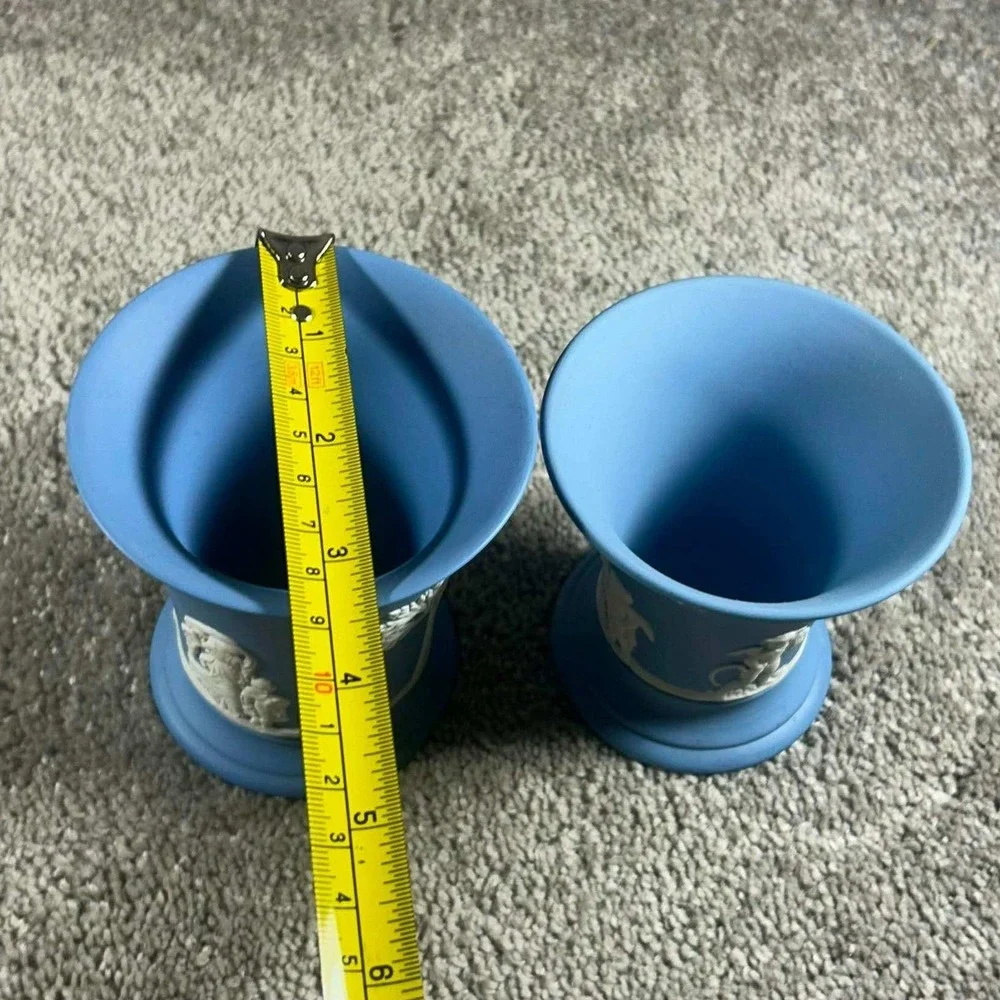 Wedgwood Jasperware Vases Blue White Neoclassical Trumpet Pair England